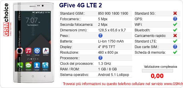 GFive 4G LTE 2 Dati tecnici di telefono cellulare 