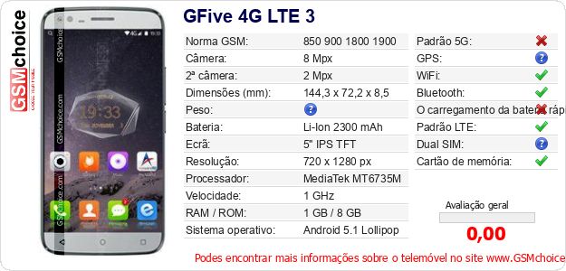 GFive 4G LTE 3 Especificações técnicas do telemóvel GFive 4G LTE 3 Especificações técnicas do telemóvel