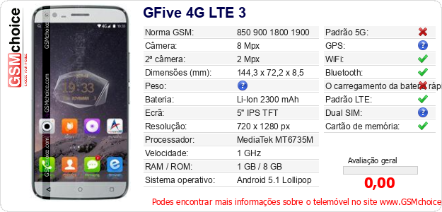 GFive 4G LTE 3 Especificações técnicas do telemóvel GFive 4G LTE 3 Especificações técnicas do telemóvel