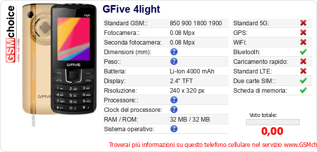 GFive 4light Dati tecnici di telefono cellulare GFive 4light Dati tecnici di telefono cellulare