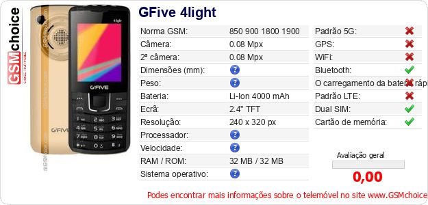 GFive 4light Especificações técnicas do telemóvel GFive 4light Especificações técnicas do telemóvel