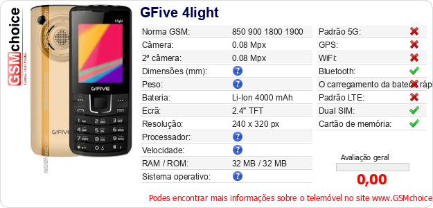 GFive 4light Especificações técnicas do telemóvel GFive 4light Especificações técnicas do telemóvel