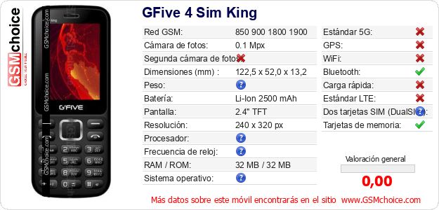 GFive 4 Sim King Datos técnicos del móvil 