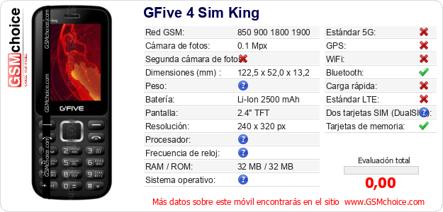 GFive 4 Sim King Datos técnicos del móvil 