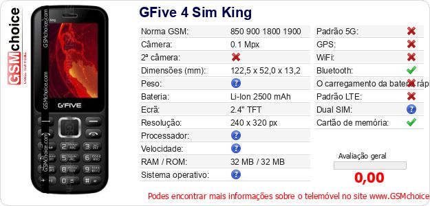 GFive 4 Sim King Especificações técnicas do telemóvel 