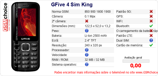 GFive 4 Sim King Especificações técnicas do telemóvel GFive 4 Sim King Especificações técnicas do telemóvel