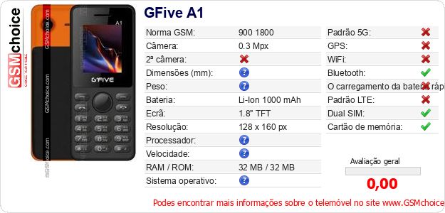 GFive A1 Especificações técnicas do telemóvel GFive A1 Especificações técnicas do telemóvel