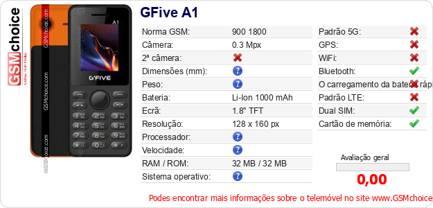 GFive A1 Especificações técnicas do telemóvel 