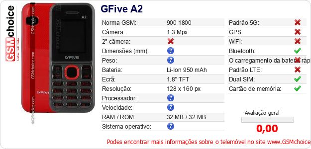 GFive A2 Especificações técnicas do telemóvel 