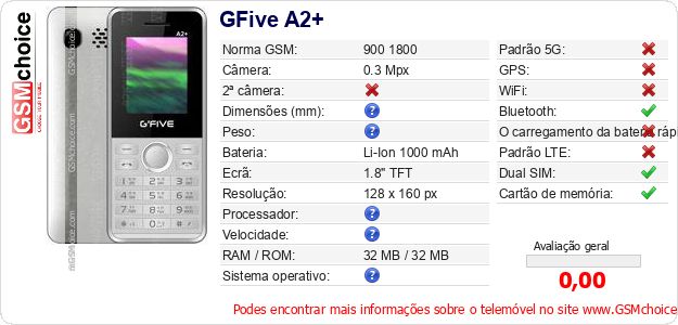 GFive A2+ Especificações técnicas do telemóvel 