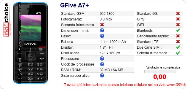 GFive A7+ Dati tecnici di telefono cellulare 