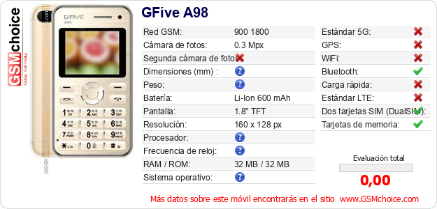 GFive A98 Datos técnicos del móvil GFive A98 Datos técnicos del móvil