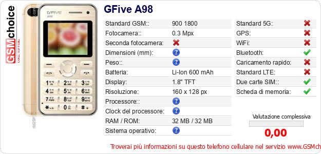 GFive A98 Dati tecnici di telefono cellulare 