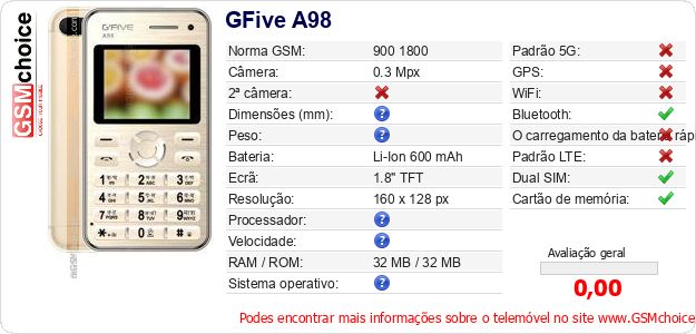 GFive A98 Especificações técnicas do telemóvel 