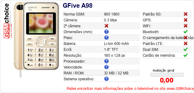 GFive A98 Especificações técnicas do telemóvel GFive A98 Especificações técnicas do telemóvel