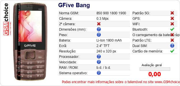 GFive Bang Especificações técnicas do telemóvel 