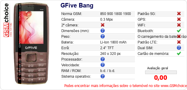 GFive Bang Especificações técnicas do telemóvel GFive Bang Especificações técnicas do telemóvel