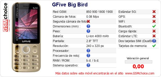 GFive Big Bird Datos técnicos del móvil 