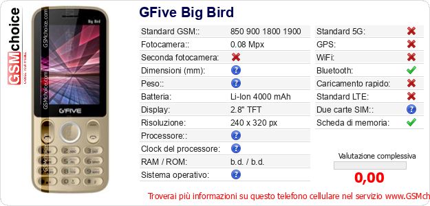 GFive Big Bird Dati tecnici di telefono cellulare 