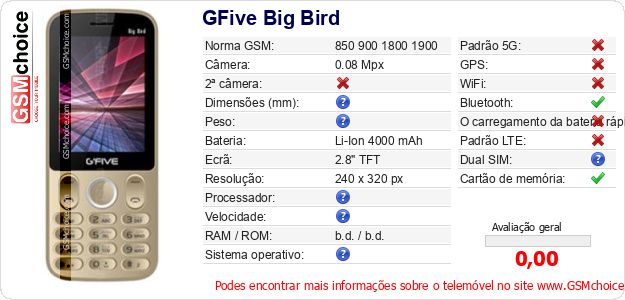 GFive Big Bird Especificações técnicas do telemóvel GFive Big Bird Especificações técnicas do telemóvel