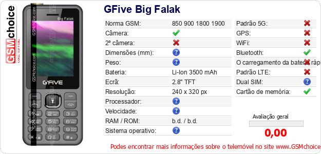 GFive Big Falak Especificações técnicas do telemóvel GFive Big Falak Especificações técnicas do telemóvel