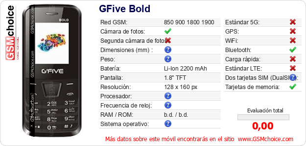 GFive Bold Datos técnicos del móvil GFive Bold Datos técnicos del móvil