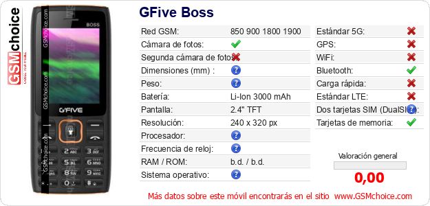 GFive Boss Datos técnicos del móvil GFive Boss Datos técnicos del móvil