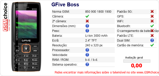 GFive Boss Especificações técnicas do telemóvel GFive Boss Especificações técnicas do telemóvel