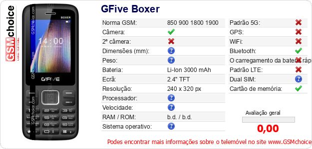 GFive Boxer Especificações técnicas do telemóvel GFive Boxer Especificações técnicas do telemóvel