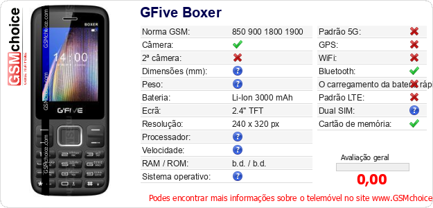 GFive Boxer Especificações técnicas do telemóvel GFive Boxer Especificações técnicas do telemóvel