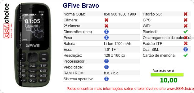 GFive Bravo Especificações técnicas do telemóvel GFive Bravo Especificações técnicas do telemóvel