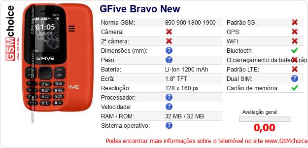 GFive Bravo New Especificações técnicas do telemóvel GFive Bravo New Especificações técnicas do telemóvel