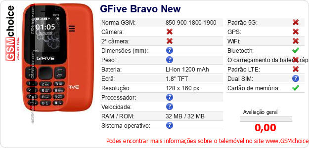 GFive Bravo New Especificações técnicas do telemóvel 