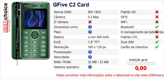 GFive C2 Card Especificações técnicas do telemóvel GFive C2 Card Especificações técnicas do telemóvel