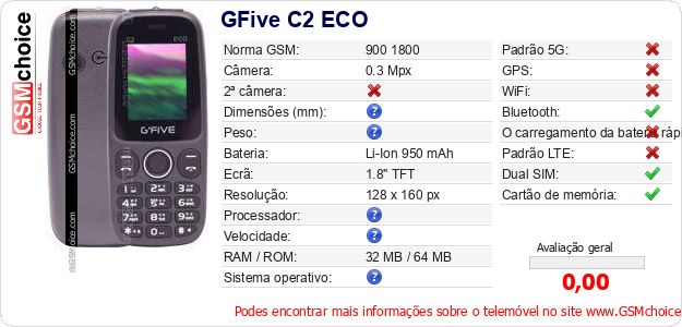 GFive C2 ECO Especificações técnicas do telemóvel GFive C2 ECO Especificações técnicas do telemóvel
