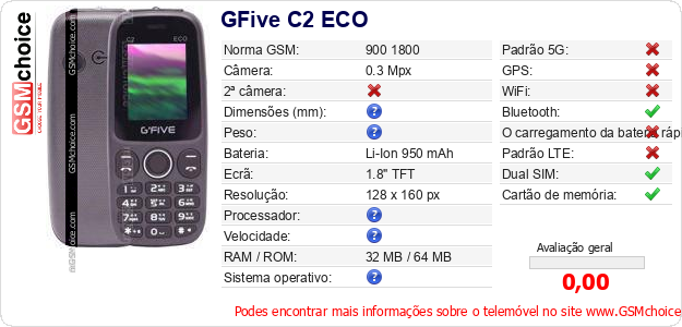 GFive C2 ECO Especificações técnicas do telemóvel GFive C2 ECO Especificações técnicas do telemóvel