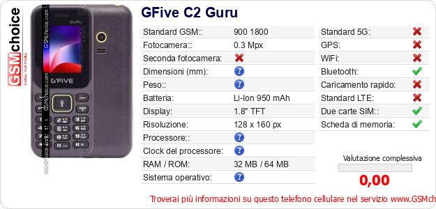 GFive C2 Guru Dati tecnici di telefono cellulare 