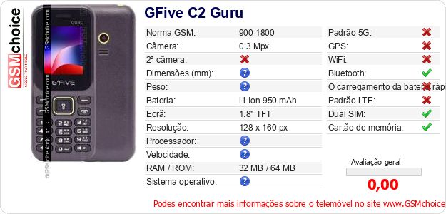 GFive C2 Guru Especificações técnicas do telemóvel 