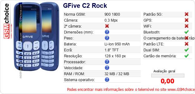 GFive C2 Rock Especificações técnicas do telemóvel GFive C2 Rock Especificações técnicas do telemóvel