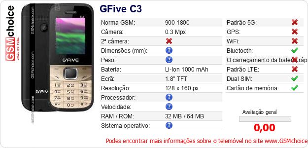 GFive C3 Especificações técnicas do telemóvel 
