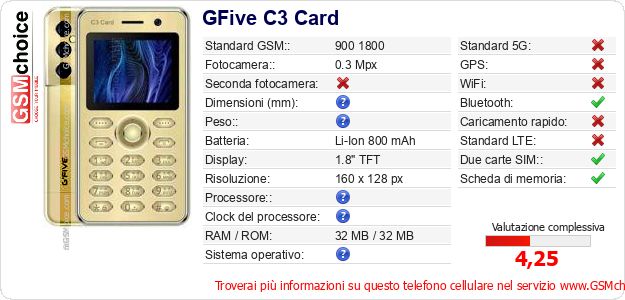 GFive C3 Card Dati tecnici di telefono cellulare 