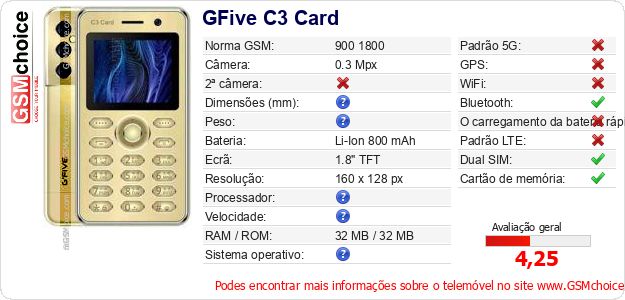 GFive C3 Card Especificações técnicas do telemóvel 