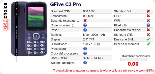 GFive C3 Pro Dati tecnici di telefono cellulare GFive C3 Pro Dati tecnici di telefono cellulare