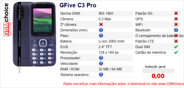 GFive C3 Pro Especificações técnicas do telemóvel 
