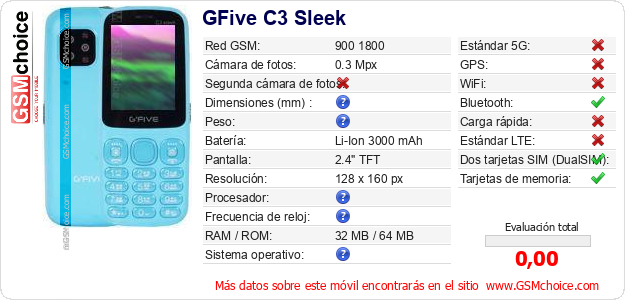 GFive C3 Sleek Datos técnicos del móvil 