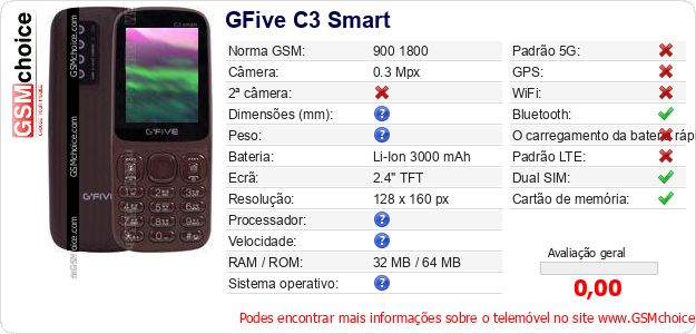 GFive C3 Smart Especificações técnicas do telemóvel GFive C3 Smart Especificações técnicas do telemóvel