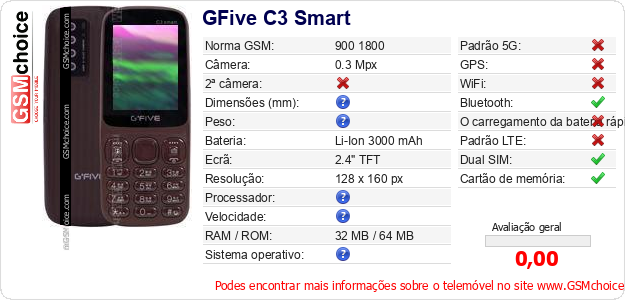 GFive C3 Smart Especificações técnicas do telemóvel GFive C3 Smart Especificações técnicas do telemóvel