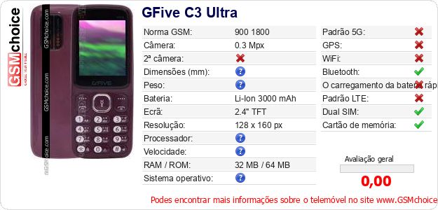 GFive C3 Ultra Especificações técnicas do telemóvel GFive C3 Ultra Especificações técnicas do telemóvel