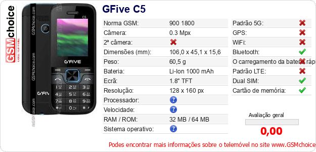 GFive C5 Especificações técnicas do telemóvel GFive C5 Especificações técnicas do telemóvel