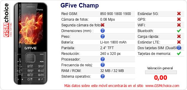 GFive Champ Datos técnicos del móvil GFive Champ Datos técnicos del móvil